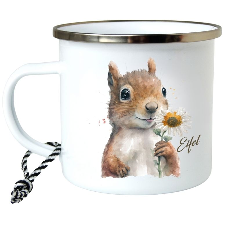 Emailletasse Eifel Eichhörnchen mit Blume