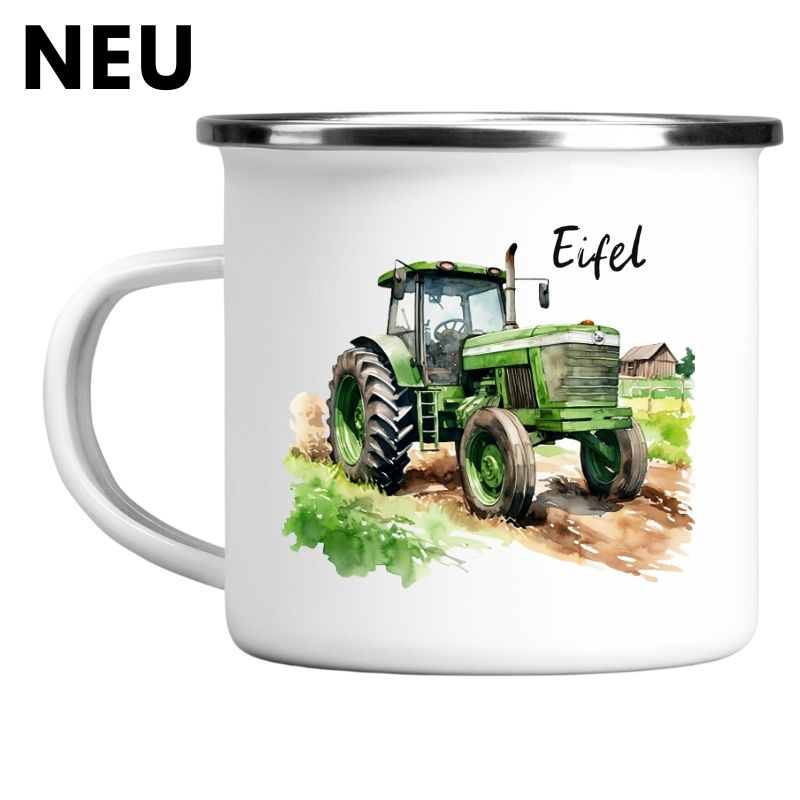Emailletasse Eifel - Traktor grün
